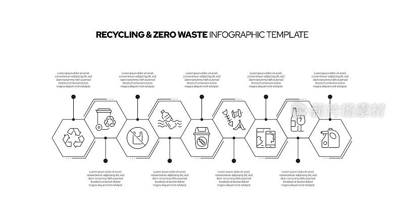 回收和零浪费概念矢量线信息图形设计图标。9选项或步骤的介绍，横幅，工作流程布局，流程图等。