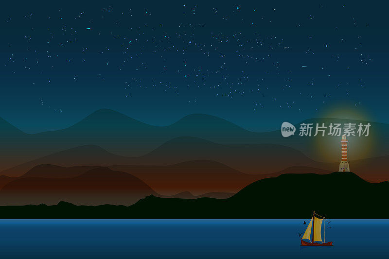 海岸上的灯塔。岛上有丘陵、山脉、夜空、灯塔、大海和小船。