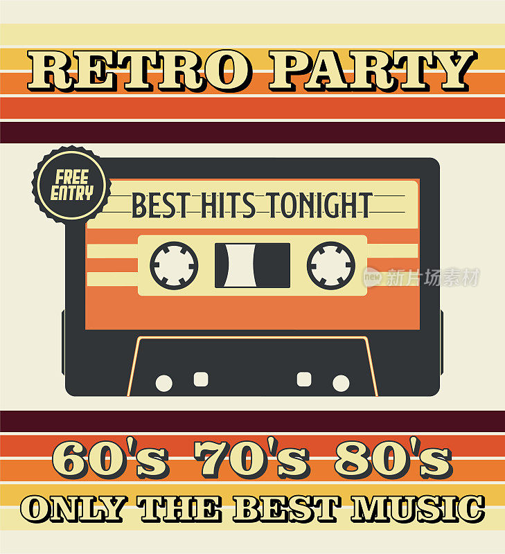 复古音乐派对和复古音乐磁带海报在复古设计风格。迪斯科派对，60年代，70年代，80年代。