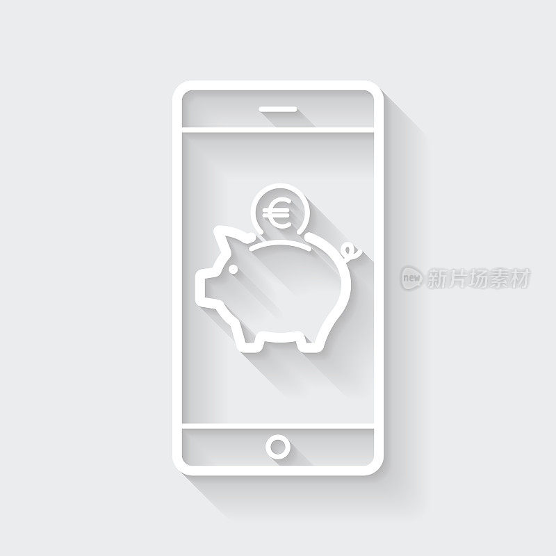 用智能手机储蓄欧元。图标与空白背景上的长阴影-平面设计