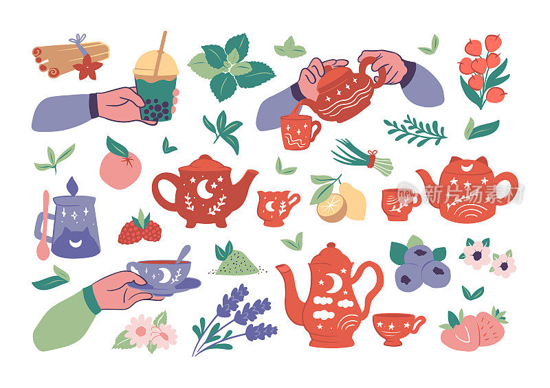 一套手绘茶艺。收藏茶壶、茶杯、绿、叶、水果、冰、热茶等饮品。矢量插图