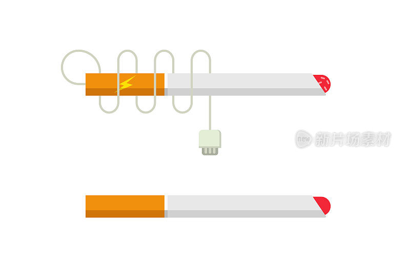 香烟平面矢量孤立和电子烟电子烟抽象图标特写卡通插图，折衷的ecig和纸烟在白色背景图形现代