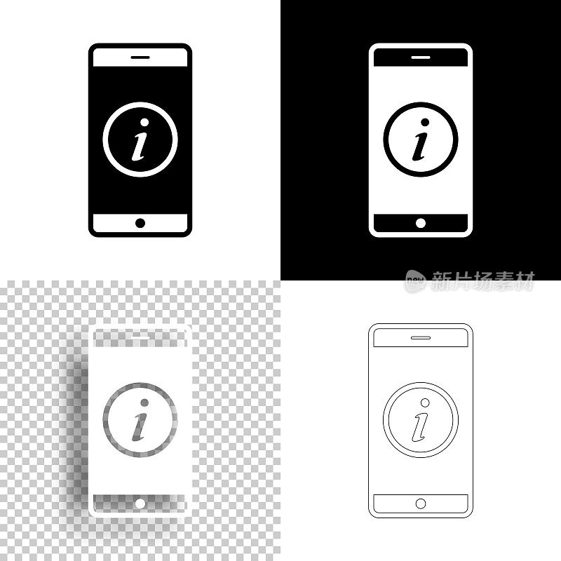 带有信息标志的智能手机。图标设计。空白，白色和黑色背景-线图标