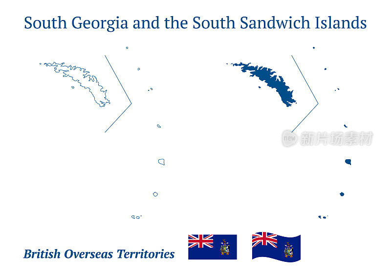 南乔治亚和南桑威奇群岛地图。英国在南大西洋的海外领地。详细的蓝色轮廓和剪影。国家国旗。向量映射的集合。所有孤立的白色背景。模板的设计。