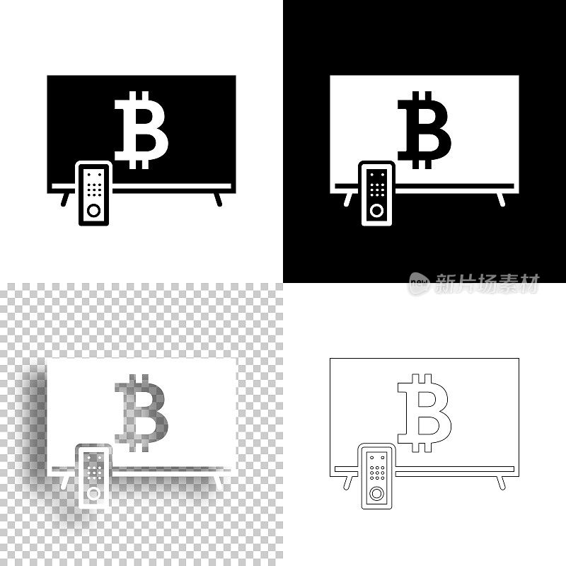 电视与比特币符号。图标设计。空白，白色和黑色背景-线图标