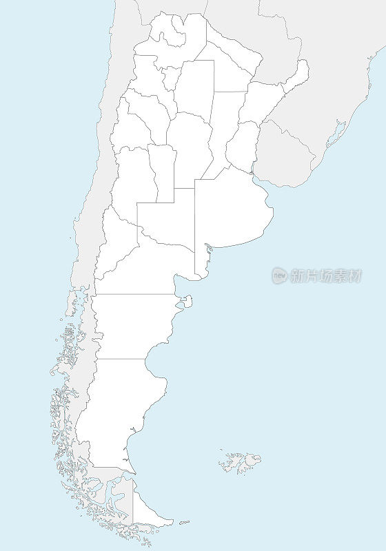 阿根廷的矢量空白地图，包括省或联邦州和行政区划，以及邻国和领土。可编辑和明确标记层。