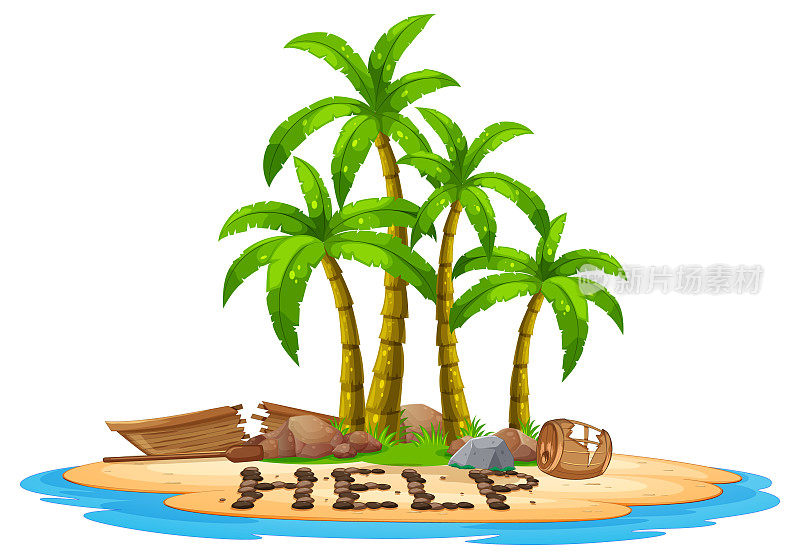 荒岛，破船躺在沙滩上，打着求救的手势