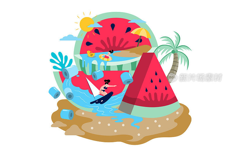 平面插图人们在海上玩耍活动包括冲浪。在一个大西瓜里
夏天很凉爽。