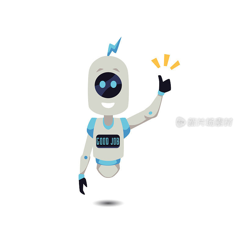 漂浮聊天机器人或吉祥物机器人称赞良好的工作，平面矢量插图孤立在白色背景。
