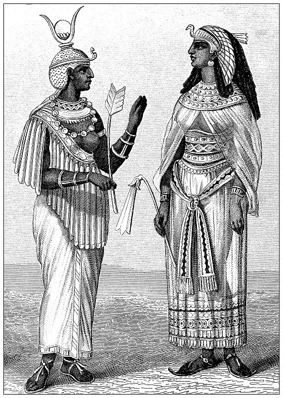 古雕刻插图，文明，埃及人:埃塞俄比亚女王和埃及女王