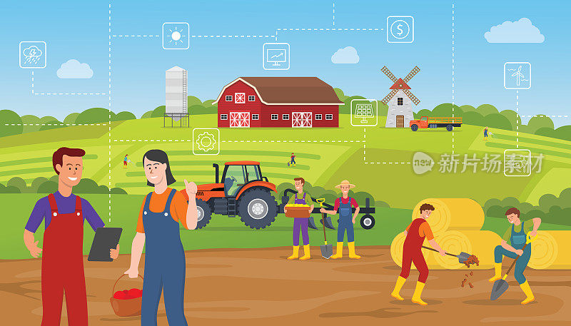 智能农场概念，农民使用平板电脑和监测农场技术数据