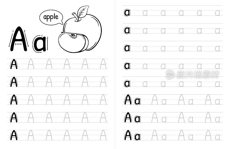 ABC字母追踪儿童书籍内部。孩子们写带有图片的作业纸。高级矢量元素。