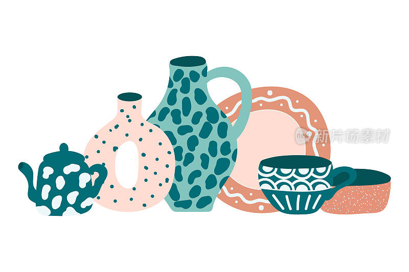 陶瓷、陶器厨具收藏。盘子，锅，杯子，马克杯，勺子，盘子，壶，碗孤立在白色。手绘向量集。平面设计。