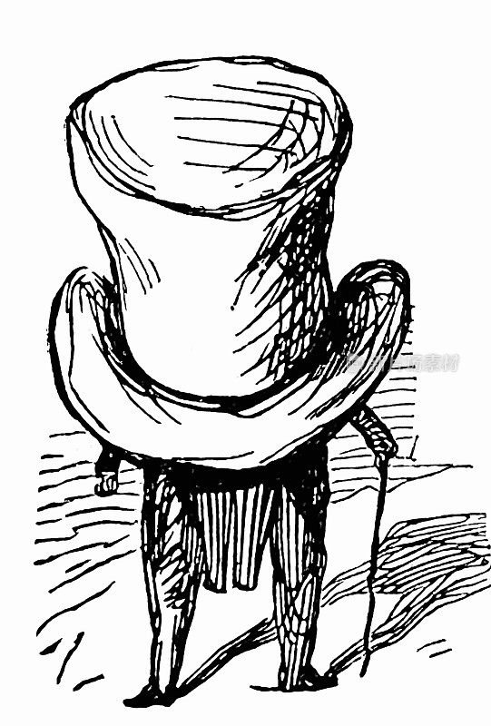 一个长着尾巴戴着大烟囱帽的男人，后视图右边有一个行走的易拉罐