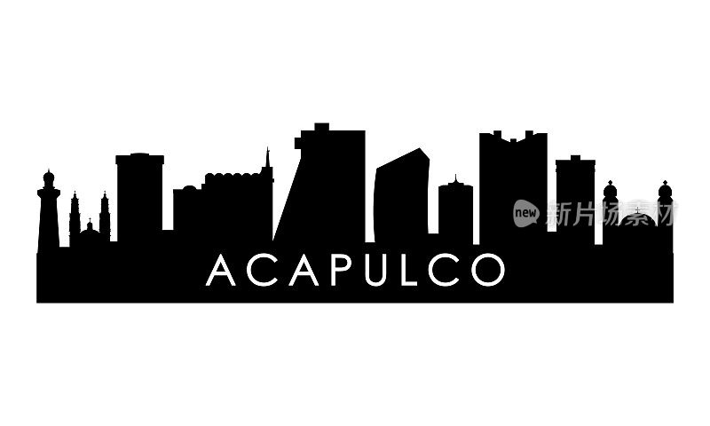 阿卡普尔科天际线剪影。白色背景下的黑色阿卡普尔科城市设计。
