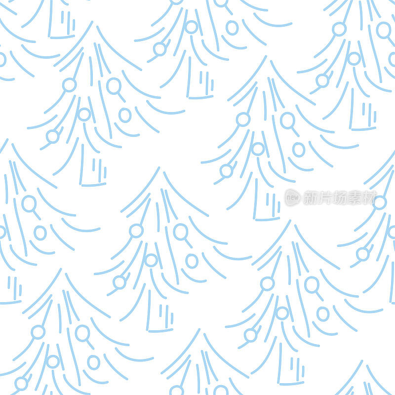 向量。手绘无缝圣诞图案，线性圣诞树在柔和的背景。为排版产品设计模板。极简的品牌，封面，明信片，包装纸。