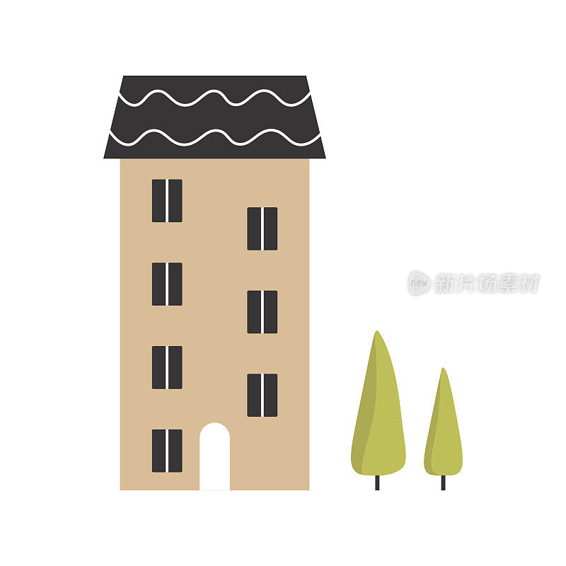 北欧风格的房子。住宅建筑外立面。有窗户和屋顶的舒适的家。可爱的插图孤立在白色背景。城市建筑平面矢量插图。
