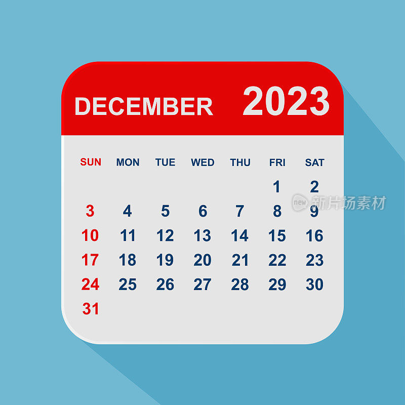 2023年12月月历叶。一周从周日开始。业务矢量图