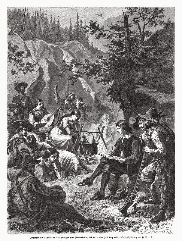 萨尔瓦多・罗莎画了一群强盗，木刻，1885年出版