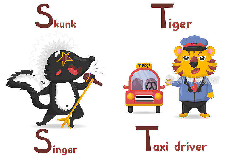 拉丁字母ABC动物职业以字母s开头，臭鼬歌手字母t老虎出租车司机卡通风格。