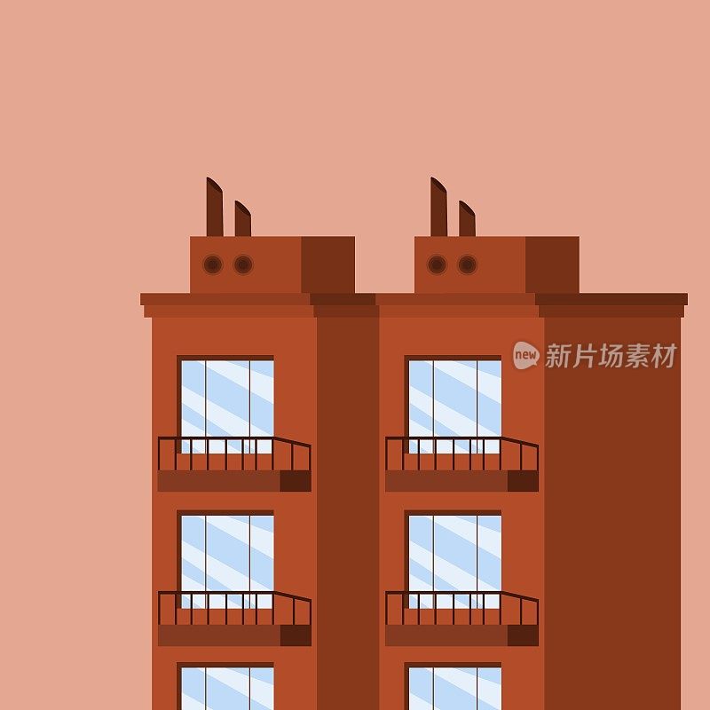 房地产租赁概念。高层现代公寓建筑的矢量插画。阳光明媚的日子，带屋顶的阳台窗的前视图。