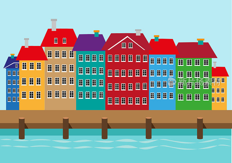 沿着船坞或港口的五颜六色的房子。丹麦哥本哈根的尼哈芬海滨区插图。可编辑的剪辑艺术。