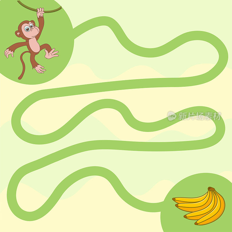 儿童迷宫游戏。画一条线，喂可爱的黑猩猩。帮助猴子找到香蕉。适合幼儿园或学前班儿童的活动练习。幼儿注意力的发展。简单的迷宫。