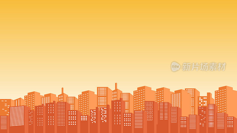 橙色的天空从城市的轮廓和周围的高楼大厦