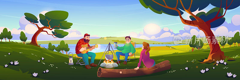 朋友们露营，人们在森林营地放松。