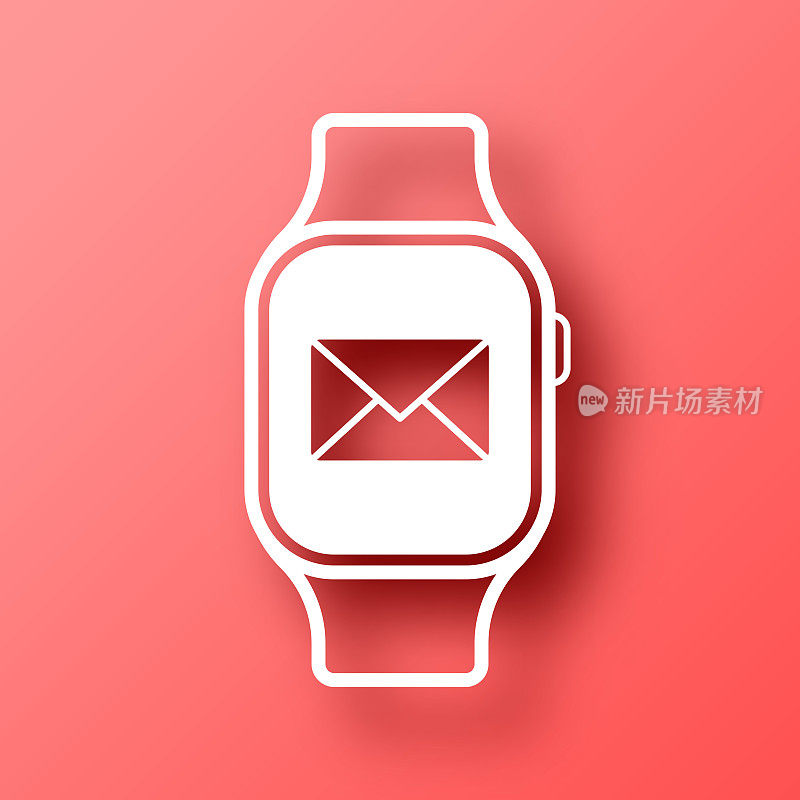 带有电子邮件信息的智能手表。图标在红色背景与阴影