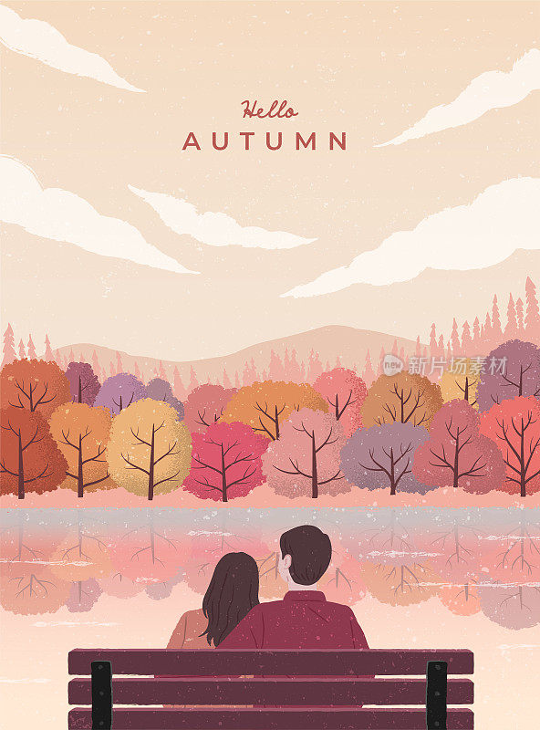 秋季自然景观。一对恩爱的情侣坐在长凳上。阿尔卑斯山脉峡谷湖风景尽收眼底。平静的河水。秋季旗帜，海报背景。手绘风格。平面矢量插图。