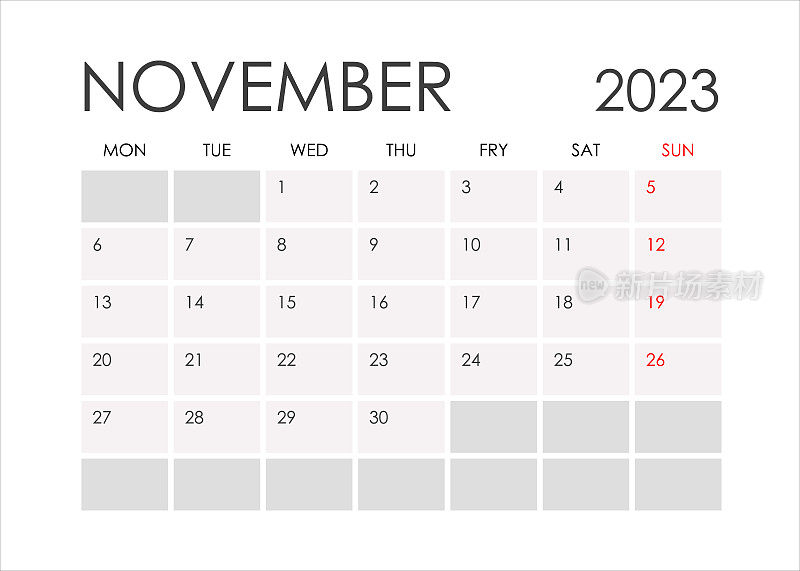 2023年11月的日历，简约风格。从星期一开始。