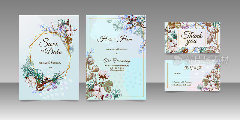 花婚礼邀请函为冬季婚礼，保存日期感谢回复卡设计模板。向量。棉花花，松枝，冬天的浆果和花。