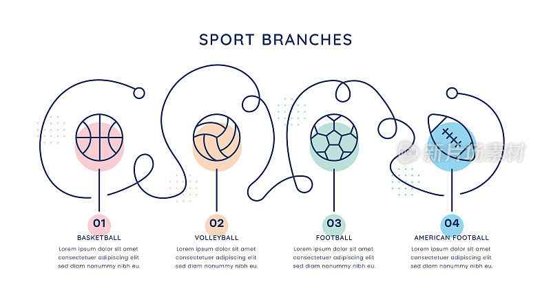 体育分支时间轴信息图表模板的网页，移动和印刷媒体