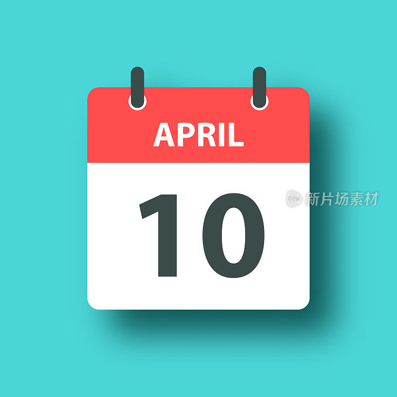 4月10日-每日日历图标在蓝色绿色背景与阴影