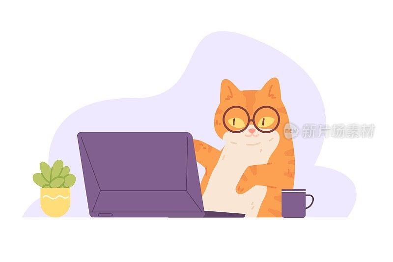 猫的笔记本电脑。严肃的小猫戴眼镜键盘工作笔记本带咖啡，搞笑可爱的动物电脑工人黑客程序员，电脑艺术品可爱的宠物字符矢量插图