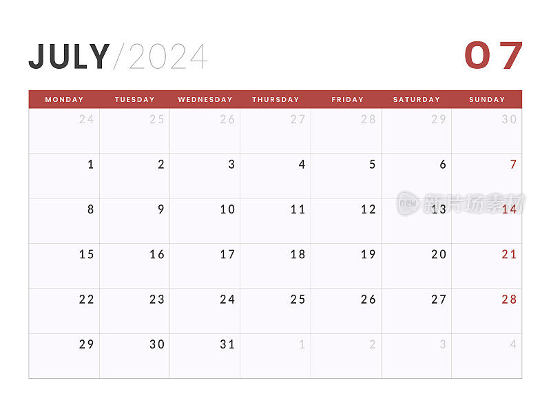 2024年12月的月历模板。矢量布局的墙或书桌简单的日历与周开始星期一