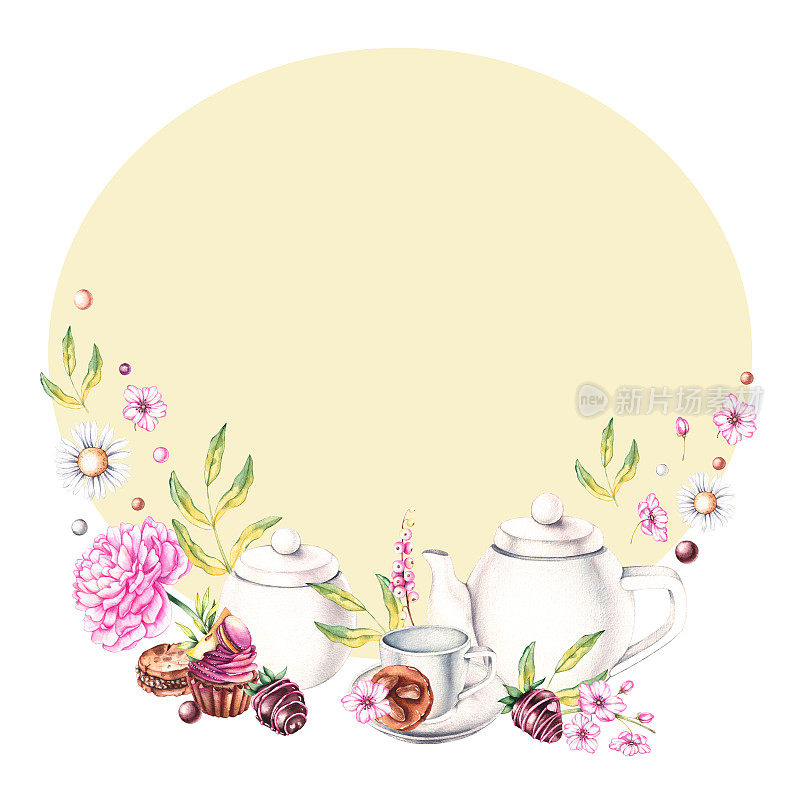 茶与甜点组成在白色的圆圈上