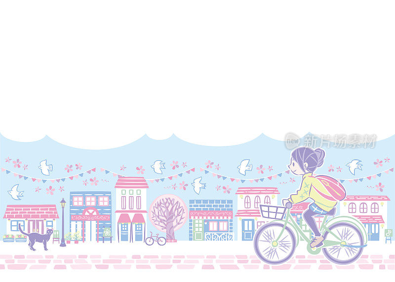 在樱花盛开的春天，一个女人骑着自行车