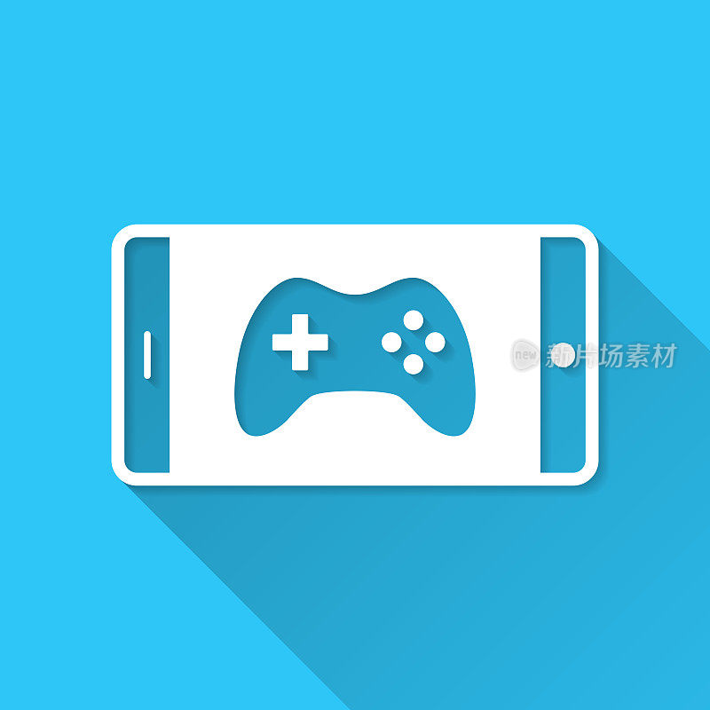 智能手机上的视频游戏。图标在蓝色背景-平面设计与长阴影