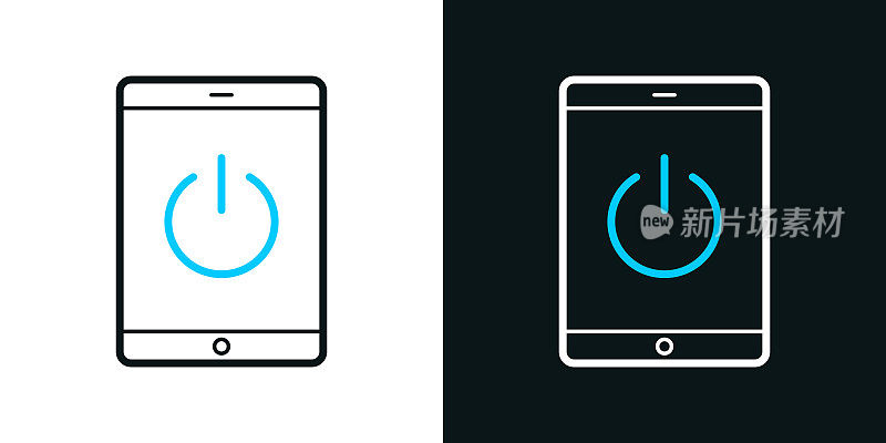平板电脑与电源按钮。黑色或白色背景上的双色线图标-可编辑的笔画