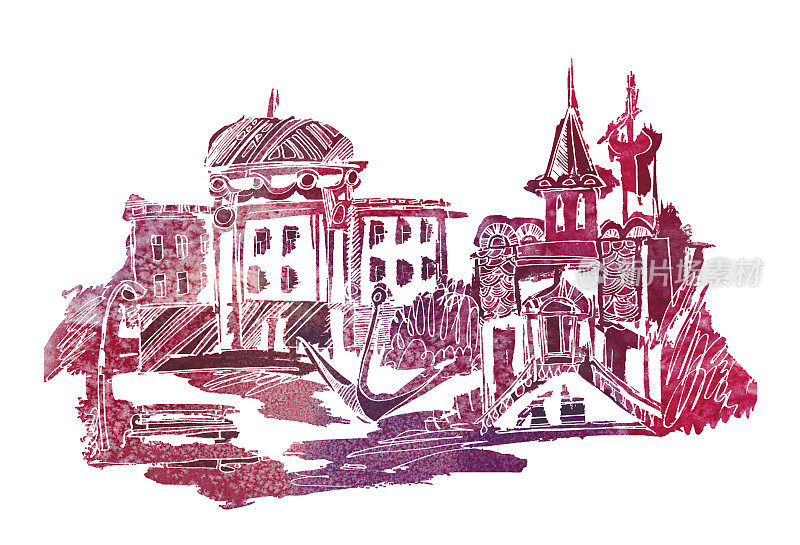 老城区的街道上有风景如画的房子，穹顶、塔楼和柱子都漆成紫色