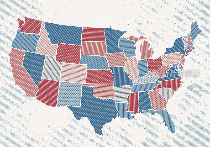 美国各州地图半色调线纹理-红色和蓝色色调-白色背景