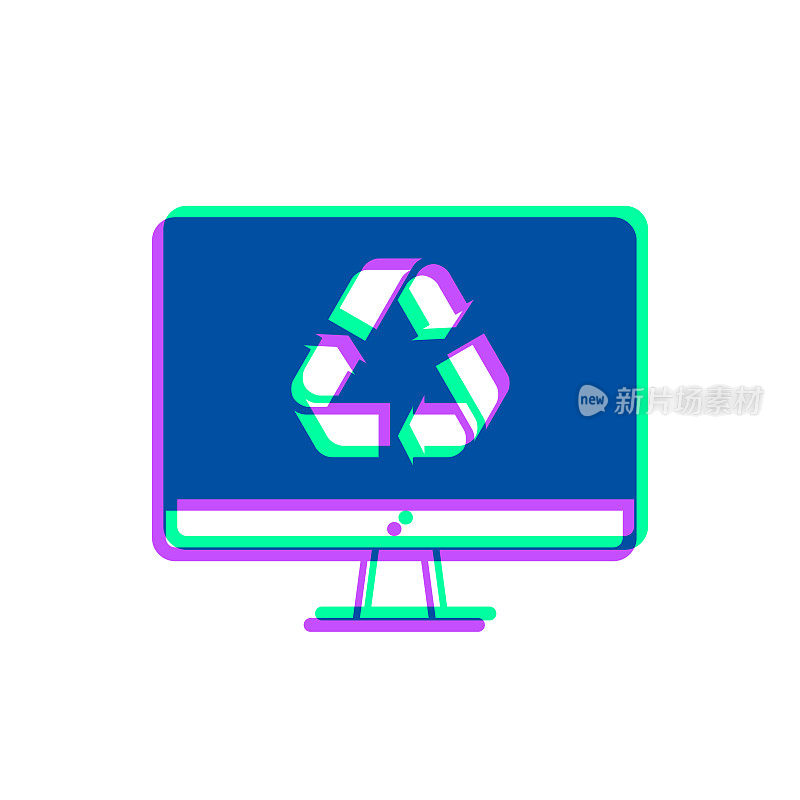 桌面电脑与回收符号。图标与两种颜色叠加在白色背景上