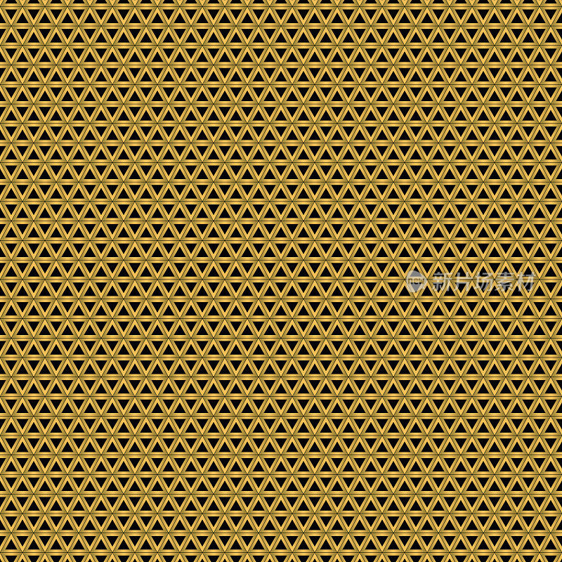 均匀间隔，大小相等，三角形为基础的图案与金色的3d效果笔画。图案背景插图。