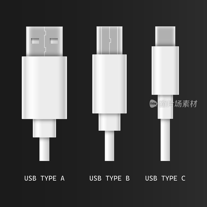 USB电缆连接器-矢量图标集。A型，B型和c型写实插图。黑色背景隔离