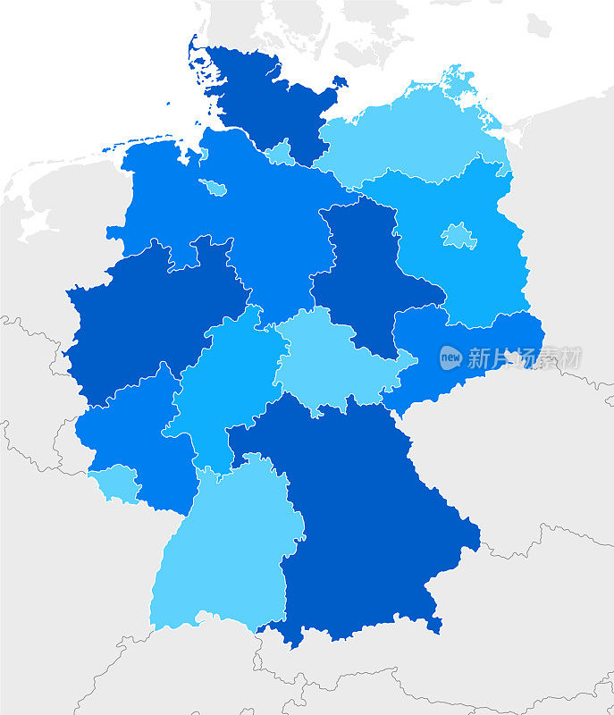 高详细的德国蓝色地图，荷兰，比利时，丹麦，捷克共和国，波兰，奥地利，瑞士，卢森堡，法国的地区和国家边界