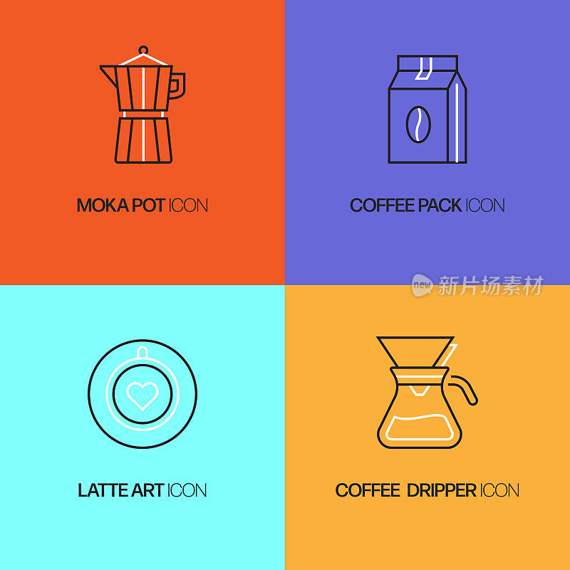 咖啡相关的矢量细线图标。轮廓符号集合