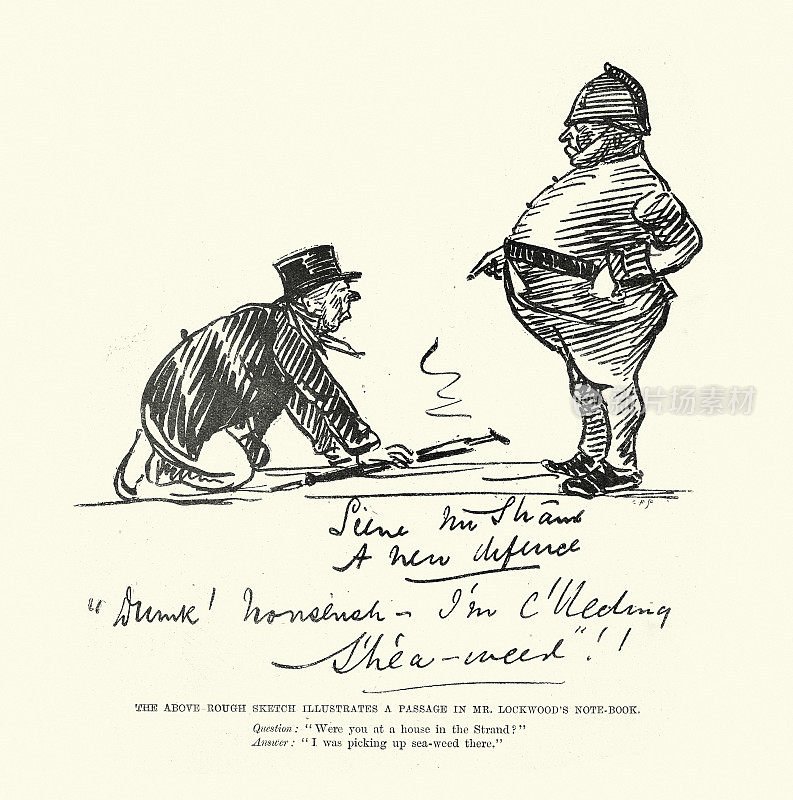 警察盘问醉汉的漫画，维多利亚时代的喜剧小品，19世纪90年代，作者弗兰克・洛克伍德