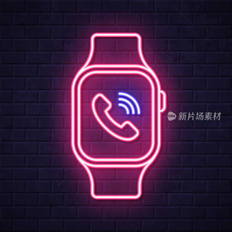 智能手表有来电功能。在砖墙背景上发光的霓虹灯图标